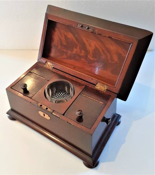 Antique Sarcophagus Flame Mahogany Tea Caddy, original flap lid containers + added Waterford mixer