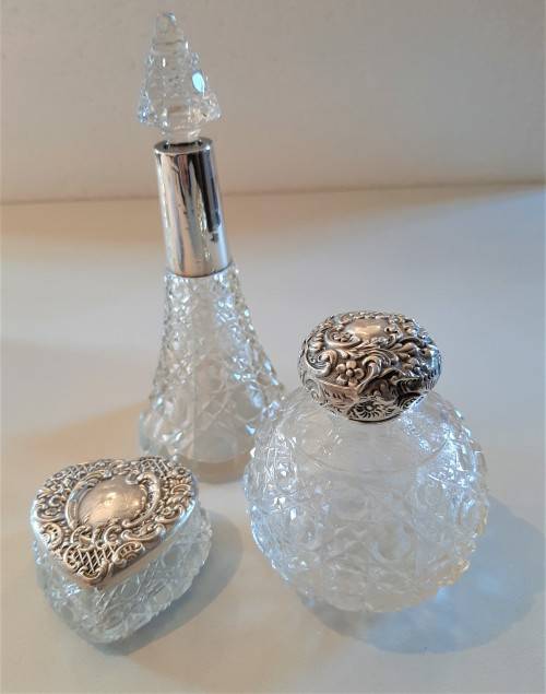 3 Lovely Antique Sterling Silver Top Scent bottles, pin tray, all for one bid. NOT SOLD AS SCRAP!!!