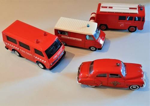 Selection of larger DIE CAST Service Fire and Police model vehicles, one friction van included. VGC