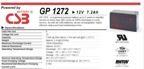 CSB 12V 7.2AH for use in UPS / Gate motors / Alarms and Electric Fence (GP1272F2)