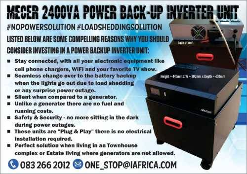 Mecer 2400VA Power back-Up Inverter in mobile cabinet with 2 x Delkor 105 a/h High cycle batteries