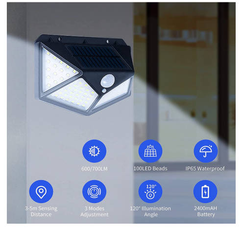 Solar LED Outdoor Garden Lamp Human Body Induction Wall Lamps Four Sides 100LED Charging Home Decor