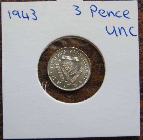 1943 3 Pence Silver **Uncirculated**  Value - R575.00
