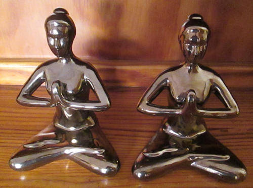 Hatha joga meditative pair in Lotus asana bronze glazed ceramic