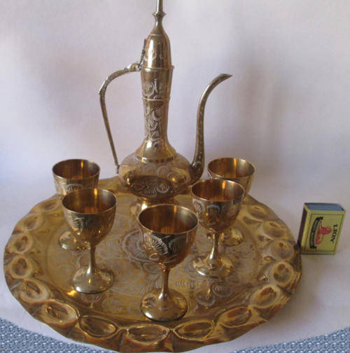 5 Brass Goblets and Brass Urn on a Brass Tray