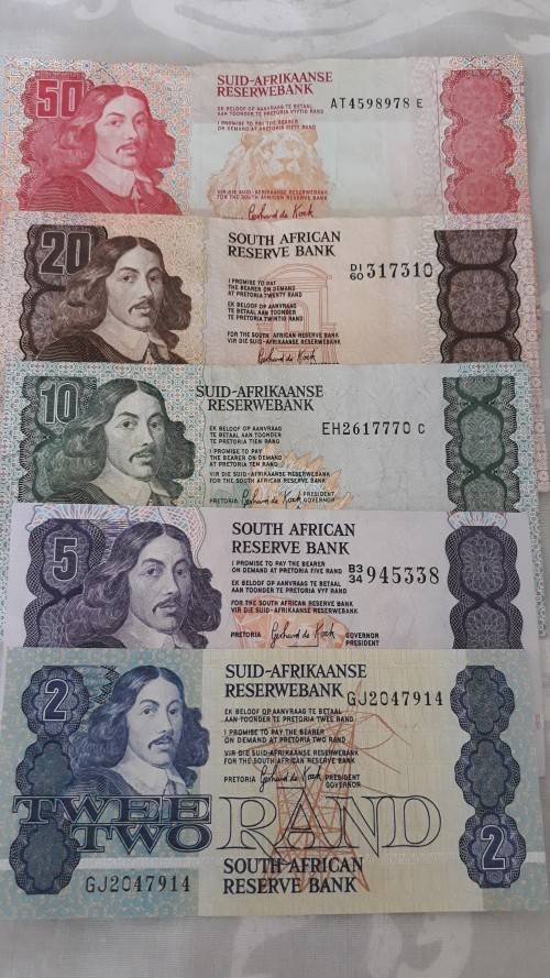 Complete Collection of Gerhard de Kock Banknotes! From Fifty rand to Two rand! Very good condition!