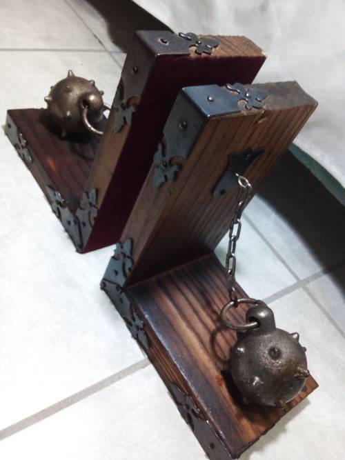 Viking Book ends - Amazing Condition - Solid Slate WOOD and Cast Iron Ballls