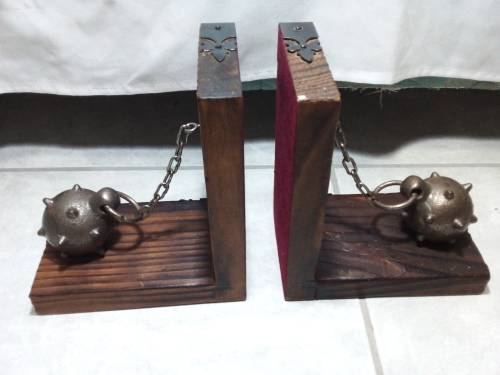 Viking Book ends - Amazing Condition - Solid Slate WOOD and Cast Iron Ballls
