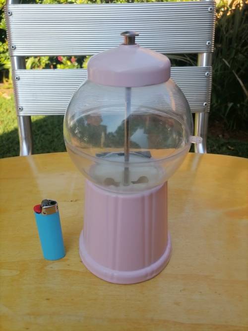 VINTAGE PEWTER DESKTOP GUMBALL MACHINE - PIGGY BANK - 100% WORKING - PINK AND GREY - 24 CM