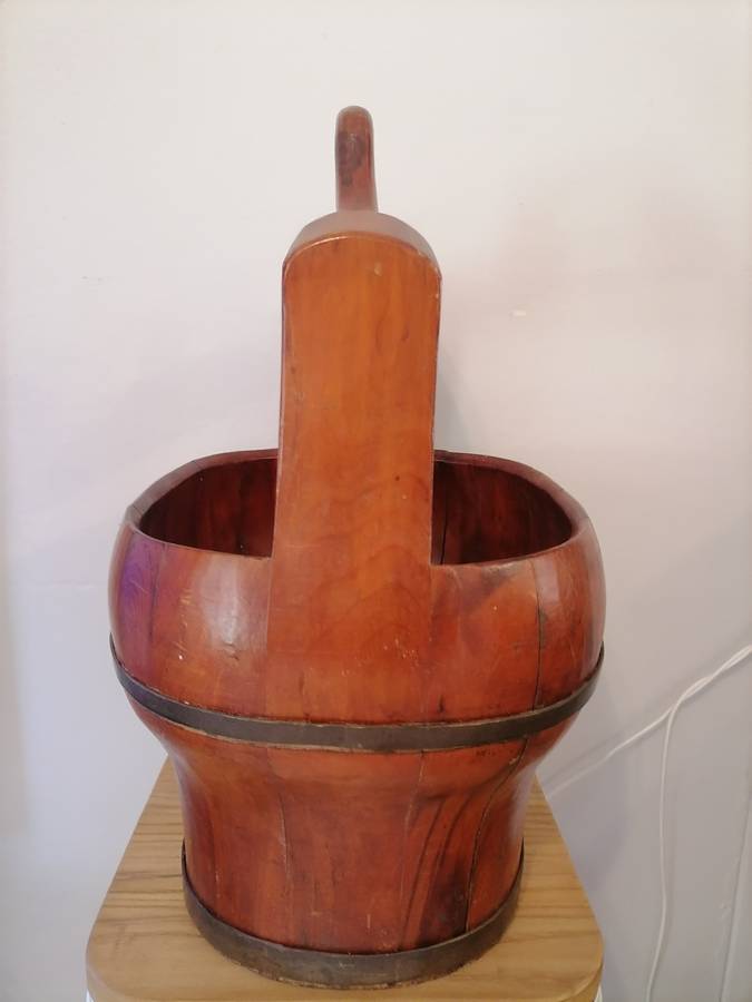 Large Antique 19th Century Chinese Water or Rice Bucket with Carved Handle / Old Wood & Iron Well Pa