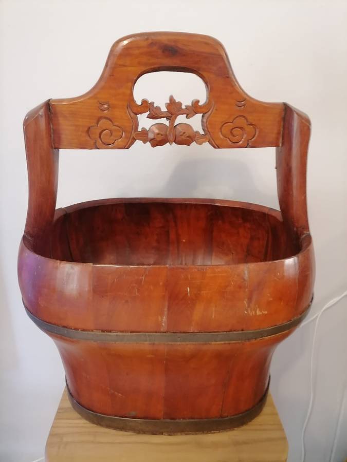 Large Antique 19th Century Chinese Water or Rice Bucket with Carved Handle / Old Wood & Iron Well Pa