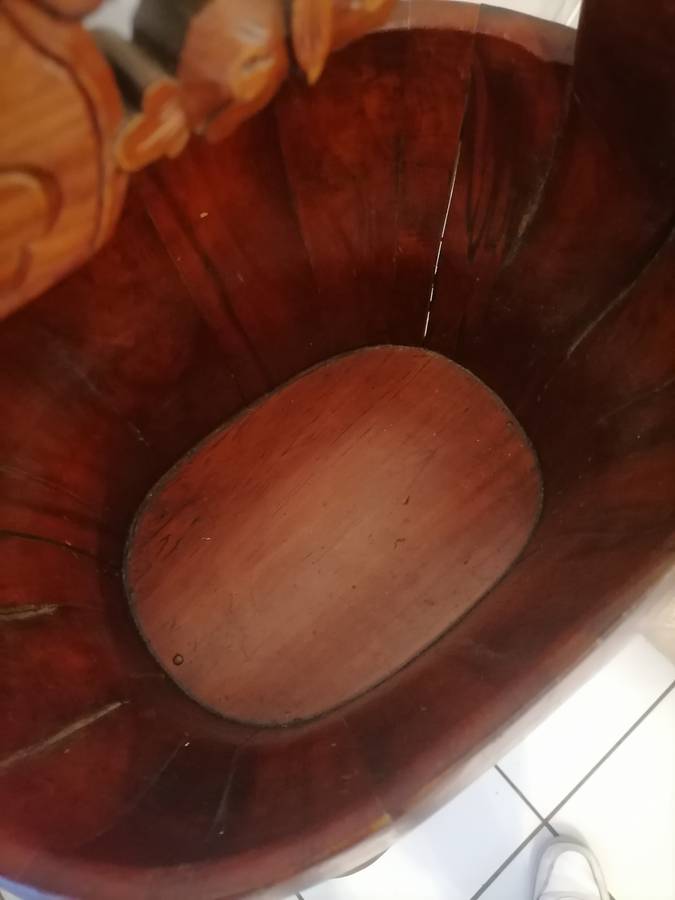 Large Antique 19th Century Chinese Water or Rice Bucket with Carved Handle / Old Wood & Iron Well Pa