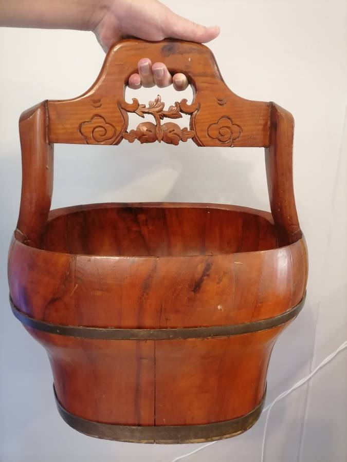 Large Antique 19th Century Chinese Water or Rice Bucket with Carved Handle / Old Wood & Iron Well Pa