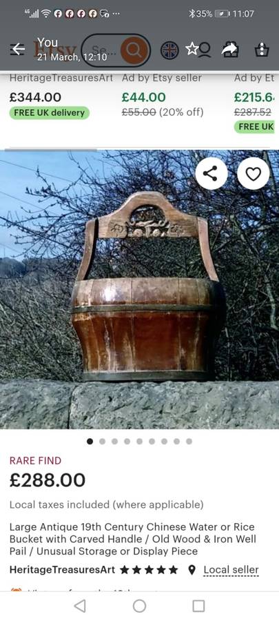 Large Antique 19th Century Chinese Water or Rice Bucket with Carved Handle / Old Wood & Iron Well Pa