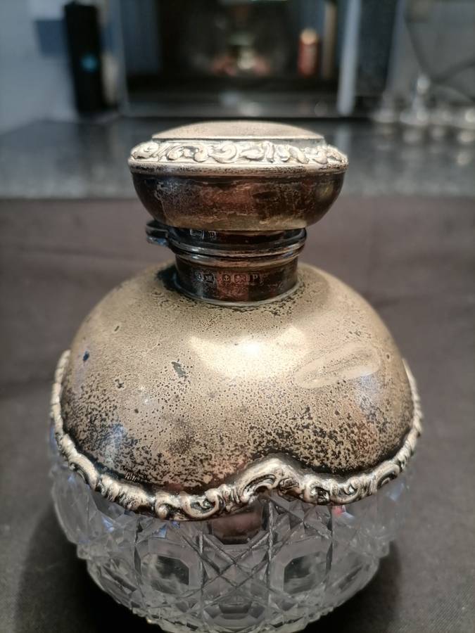 1800's Antique English Cut Crystal & Sterling Silver Perfume Bottle - Hallmark