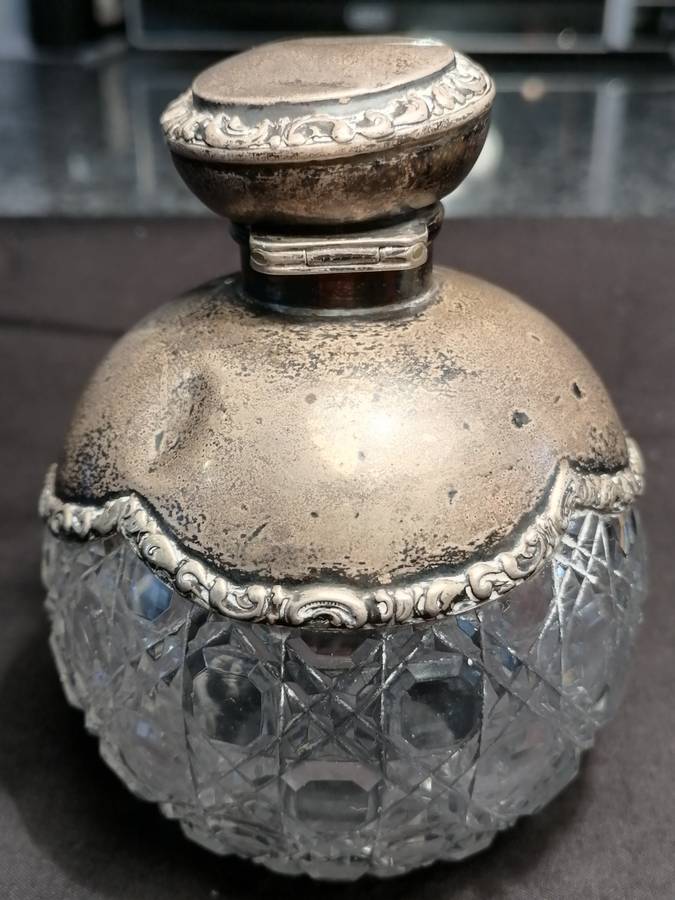 1800's Antique English Cut Crystal & Sterling Silver Perfume Bottle - Hallmark