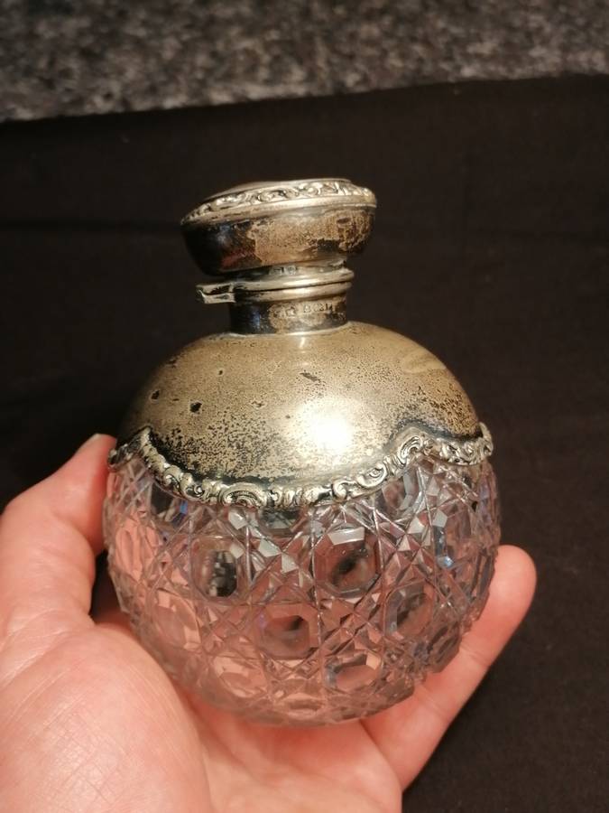 1800's Antique English Cut Crystal & Sterling Silver Perfume Bottle - Hallmark
