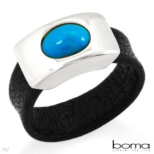 BOMA Elegant and Beautiful Ring With Genuine Turquoise Made of Black Leather and925 Sterling silver