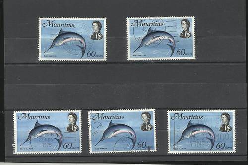 Mauritius. 5 Fish stamps. Used not hinged