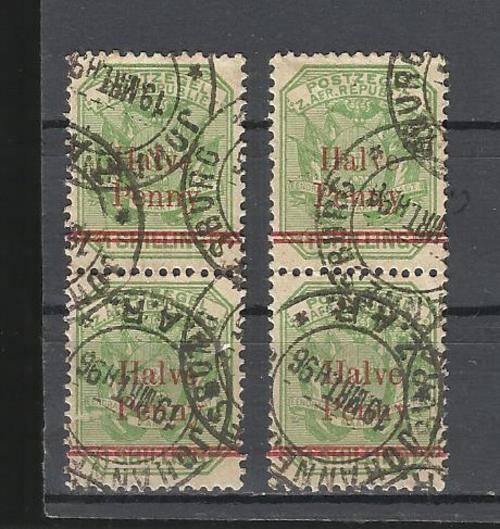 Transvaal. (ZAR). 2 x vertical  overprinted pairs. Nice cancelation. Used slightly hinged