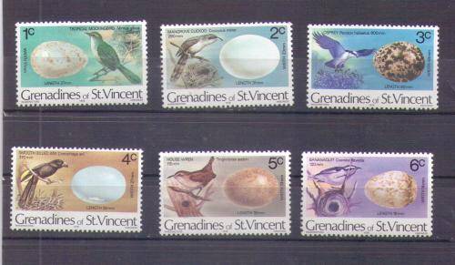 Grenadines of st Vincent. Group of 6 bird stamps with their eggs. Mint/hinged