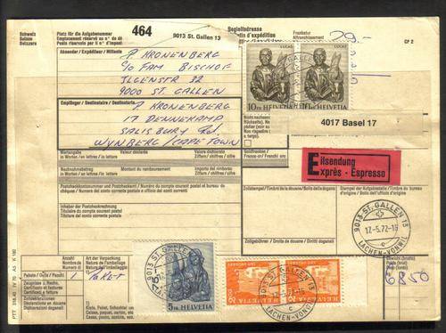 Helvetia. One Expres parcel advice with 5 stamps. Nice cancellations.