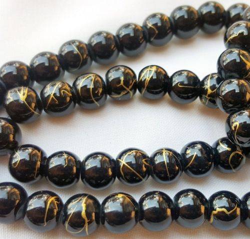 20pc  x 8mm  Black with Gold Glass Beads
