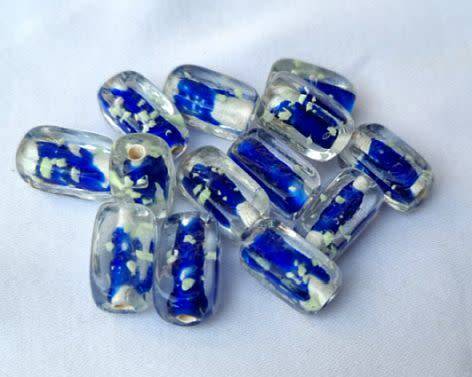 10pc   Blue and White Luminous Tube Glass Beads  +/- 15mm