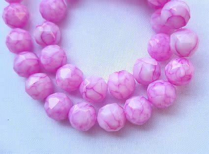 10pc x 8mm Dark Pink Round Marble Faceted  Glass Beads