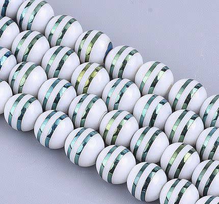 10 pc x 8mm White Opaque  /  Green / Electroplate Stripes Round Glass Beads