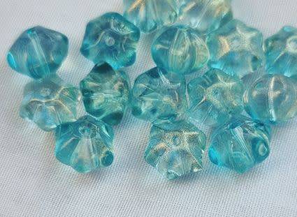 10pc  x 10.5mm Aqua / Painted Glitter Powder / Flower  Glass Beads