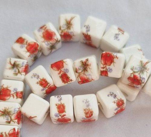 *Clearance Sale** 12pc x 9mm White / Painted / Orange Flowers / Cube Glass Beads