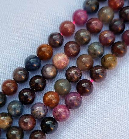 1 Strand x 6mm  Natural  / Red Corundum / Ruby  & Sapphire / Round  Beads +/- 65pcs