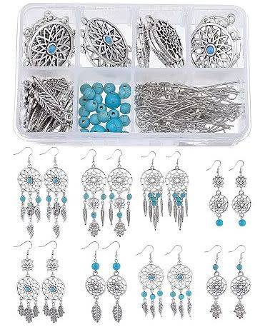 ***DIY***  8 Pairs /  Dreamcatcher  / Synthetic Turquoise Beads / Tibetan Style /Earing Making Kit