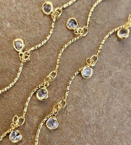 1m   Gold Plated / Brass / Clear Cubic Zirconia Charm /  Chain /  Link Size 17mm