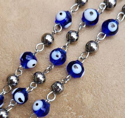 1m Dark Blue Handmade  Evil Eye Lampwork Round Beads /  Eye Pin Beaded Chain. (Bead Size: +/-9mm)