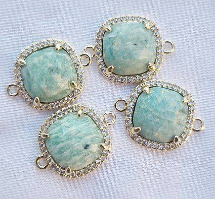 1 pc Natural /  Amazonite / Cubic Zirconia  / Gold Tone /  Square Connector /  (19x14mm)