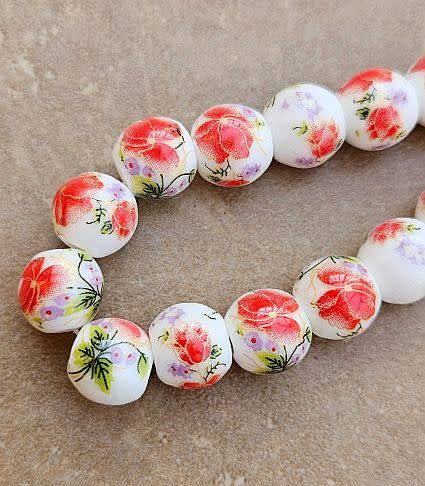 *Clearance Sale* 10pc x 10mm White / Orange / Painted / Flowers / Round Porcelain Beads