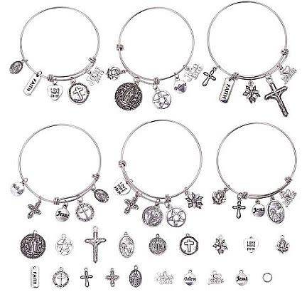 ***DIY*** 6pcs Expandable Wire Charm Bracelet /  Religious Alloy Charms /  Making Kit