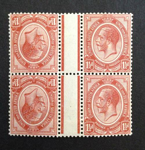 UNION OF SA - 1913 -11/2d BLOCK OF 4 VERTICAL GUTTER BLOCK - VALUE R1100