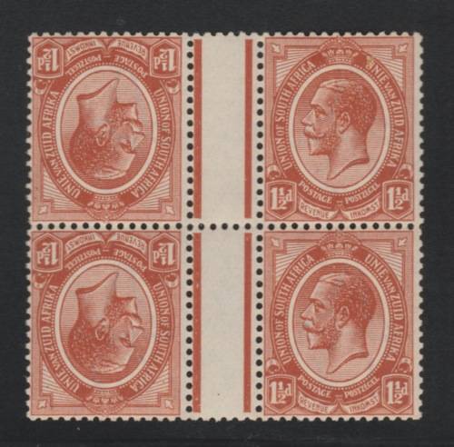UNION OF SA 1920 - KGV 11/2d CHESTNUT tete-beche GUTTER BLOCK OF 4 - MNH - CAT VALUE £140+