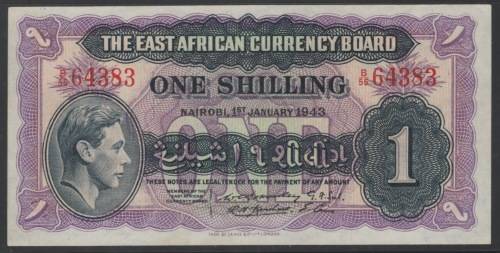EAST AFRICA 1943 - KGVI 1 SHILLING NOTE - XF CONDITION - ACTUAL MARKET VALUE £120+