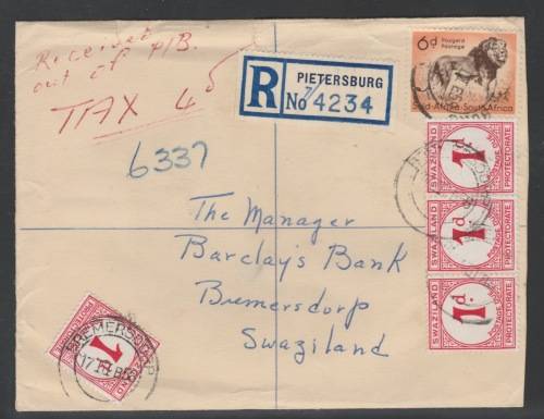 SOUTH AFRICA/SWAZILAND COVER 1958 - 4 x  1d CHALK SURFACED POSTAGE DUES ATTACHED IN SWAZILAND