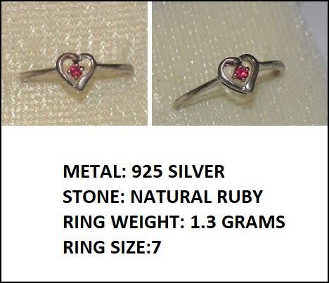 STUNNING! 925 SILVER HEART RING WITH A 100% NATURAL RUBY STONE
