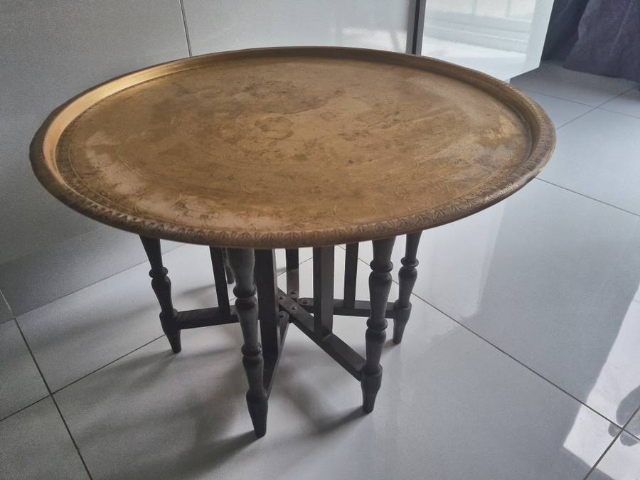 58CM Large Moroccan brass tray table on fold up stand