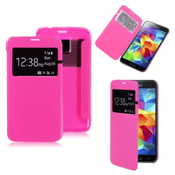Samsung Galaxy S5 Flip Cover -Pink (Window View Flip Leather Transparent Case)