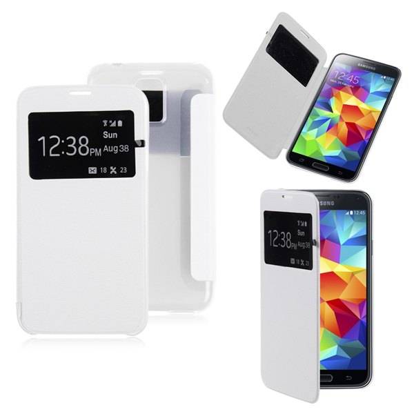 Samsung Galaxy S5 Flip Cover -White (Window View Flip Leather Transparent Case)