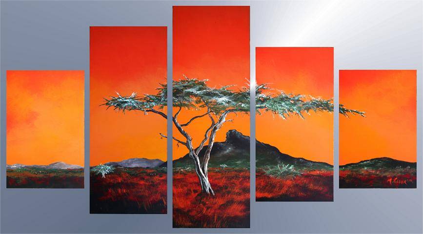 Original by Mario Pelser - African Landscape sunset - 5 Panel Group Painting - size 1185 x 640