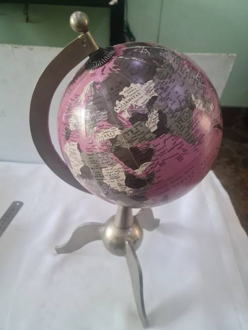 VINTAGE METAL WORLD GLOBE ON PEWTER STAND(45CM HEIGHT, 65CM DIAMETER)