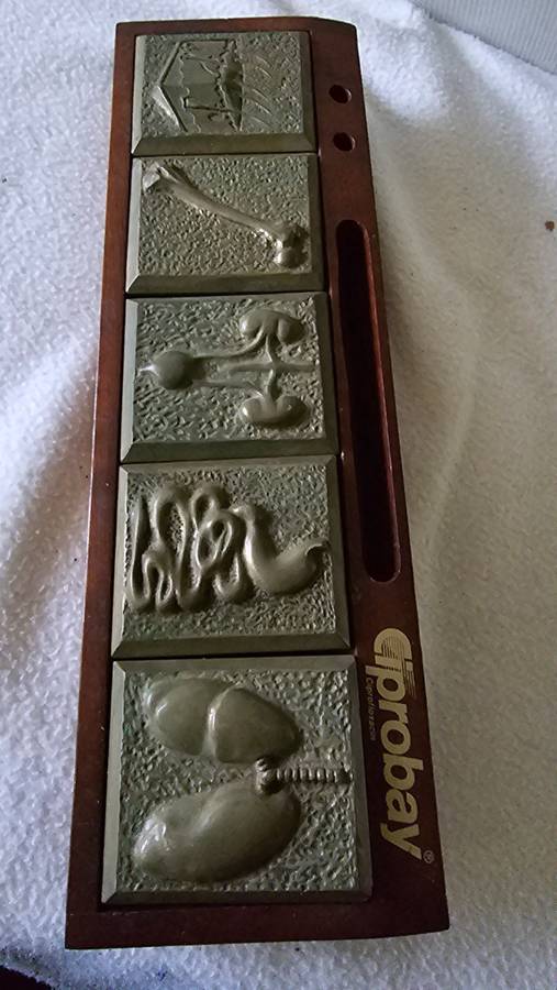 ANTIQUE MEDICAL ANTAMONY BLOCKS ON WOODEN PLATFORM (HEAVY ITEM)BRONZE/COPPER